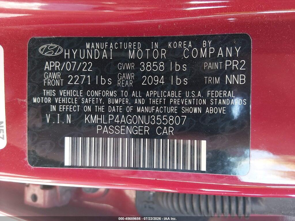 KMHLP4AG0NU355807 2022 HYUNDAI ELANTRA photo no. 9
