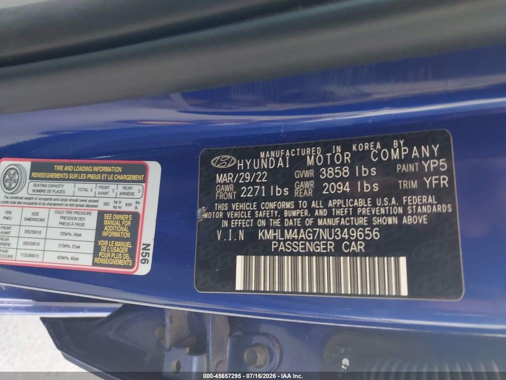 KMHLM4AG7NU349656 2022 HYUNDAI ELANTRA photo no. 9
