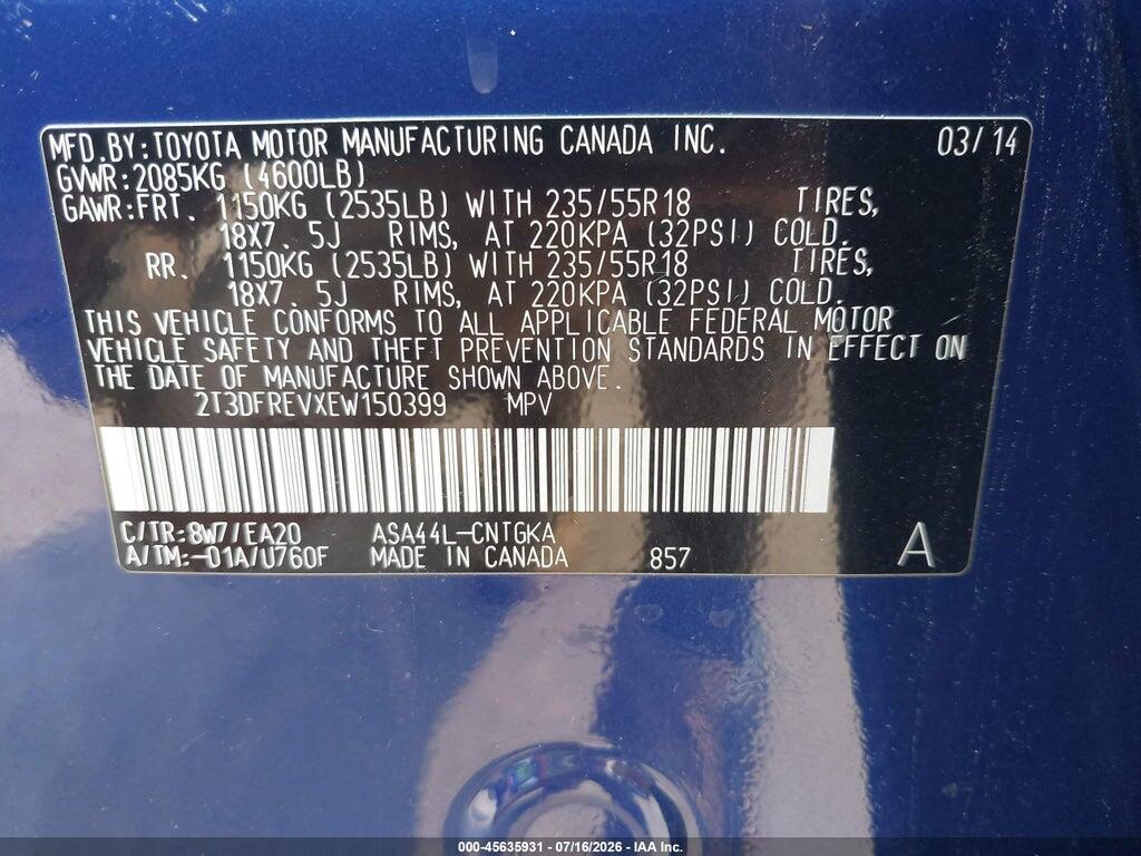 2T3DFREVXEW150399 2014 TOYOTA RAV4 photo no. 9