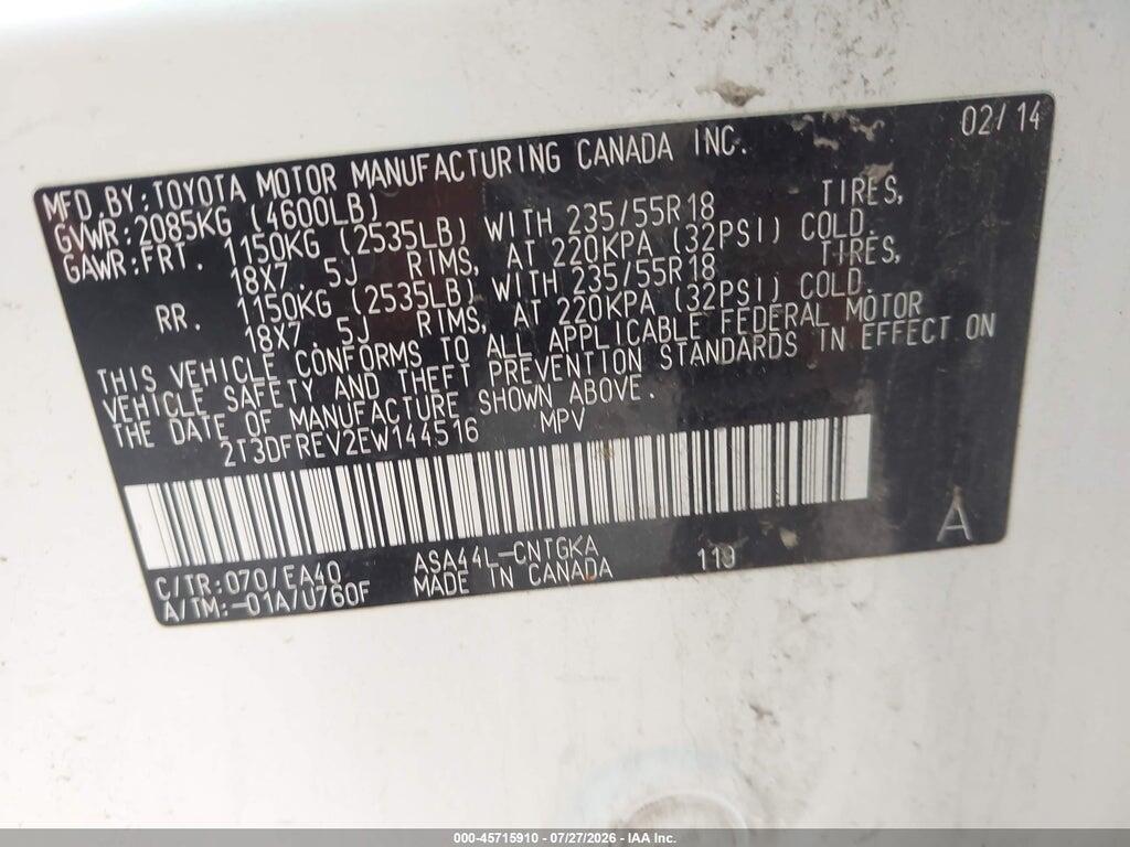 2T3DFREV2EW144516 2014 TOYOTA RAV4 photo no. 9