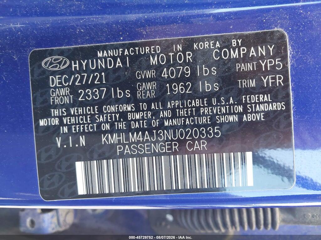 KMHLM4AJ3NU020335 2022 HYUNDAI ELANTRA HYBRID photo no. 9