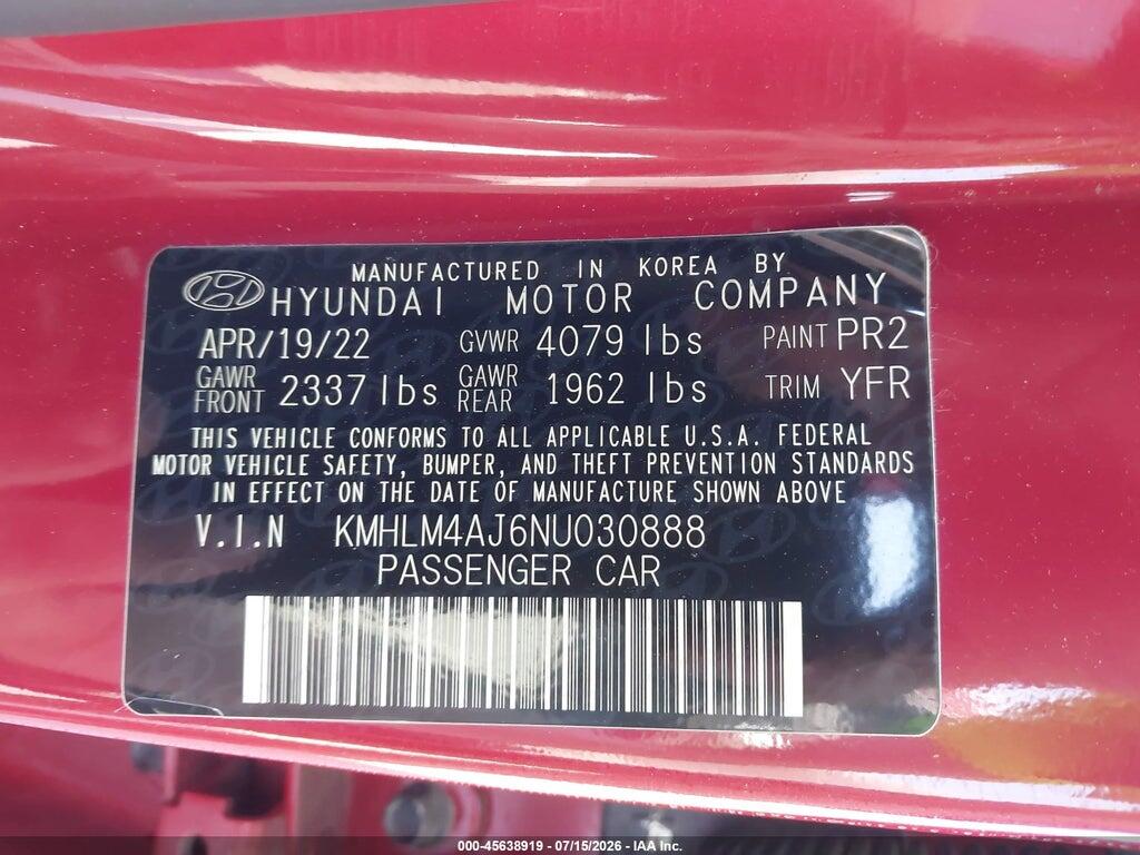 KMHLM4AJ6NU030888 2022 HYUNDAI ELANTRA HYBRID photo no. 9