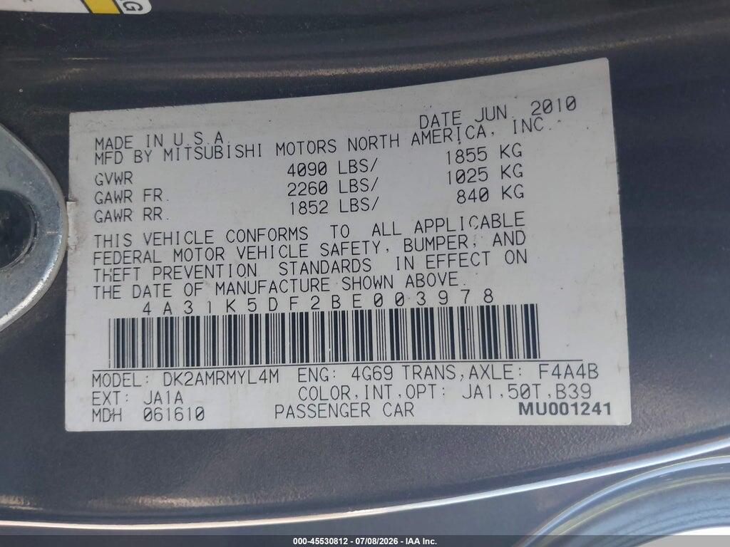 4A31K5DF2BE003978 2011 MITSUBISHI ECLIPSE photo no. 9