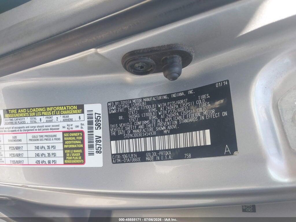 5TDYK3DC6ES454938 2014 TOYOTA SIENNA photo no. 9