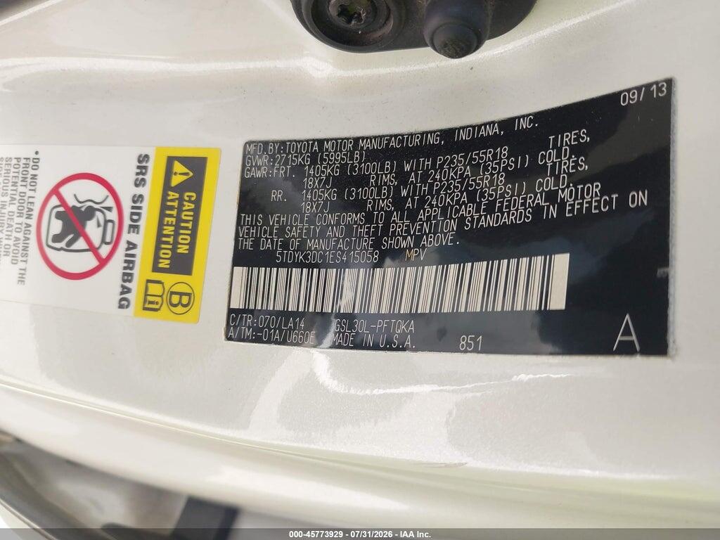 5TDYK3DC1ES415058 2014 TOYOTA SIENNA photo no. 9