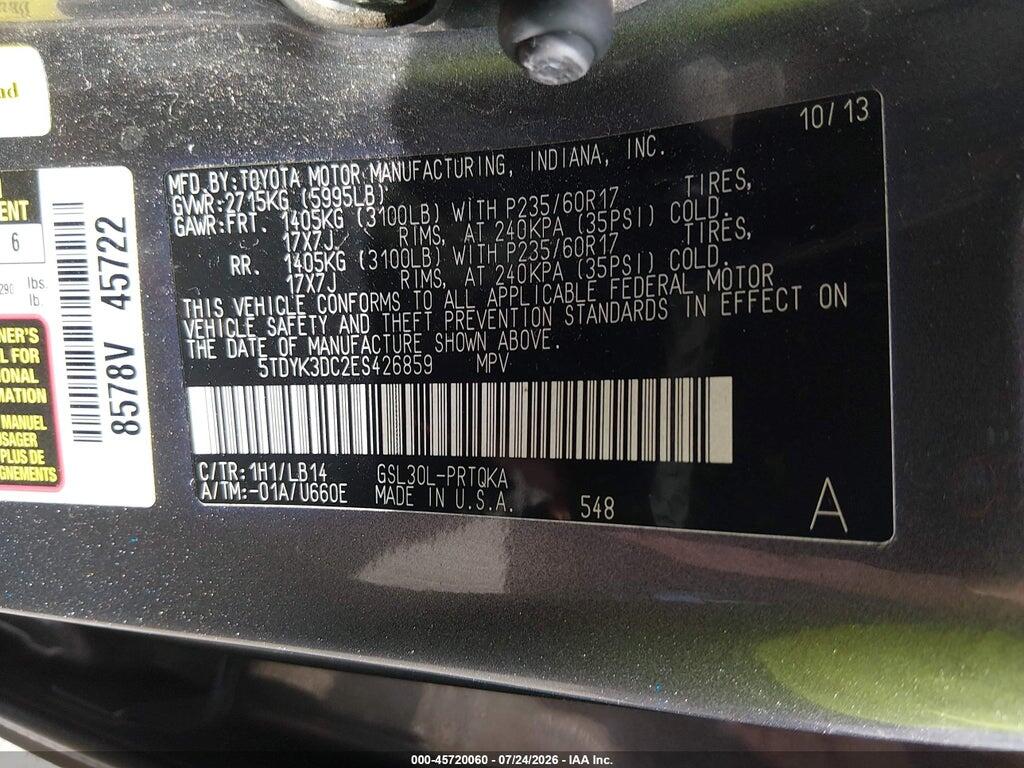 5TDYK3DC2ES426859 2014 TOYOTA SIENNA photo no. 9