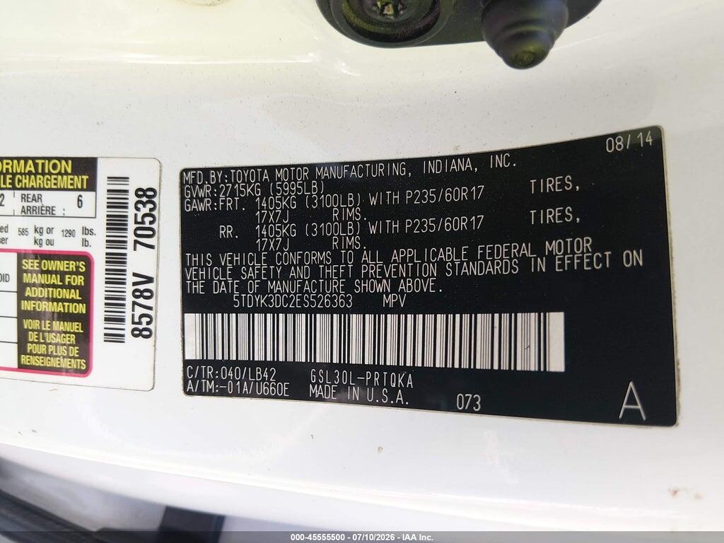 5TDYK3DC2ES526363 2014 TOYOTA SIENNA photo no. 9