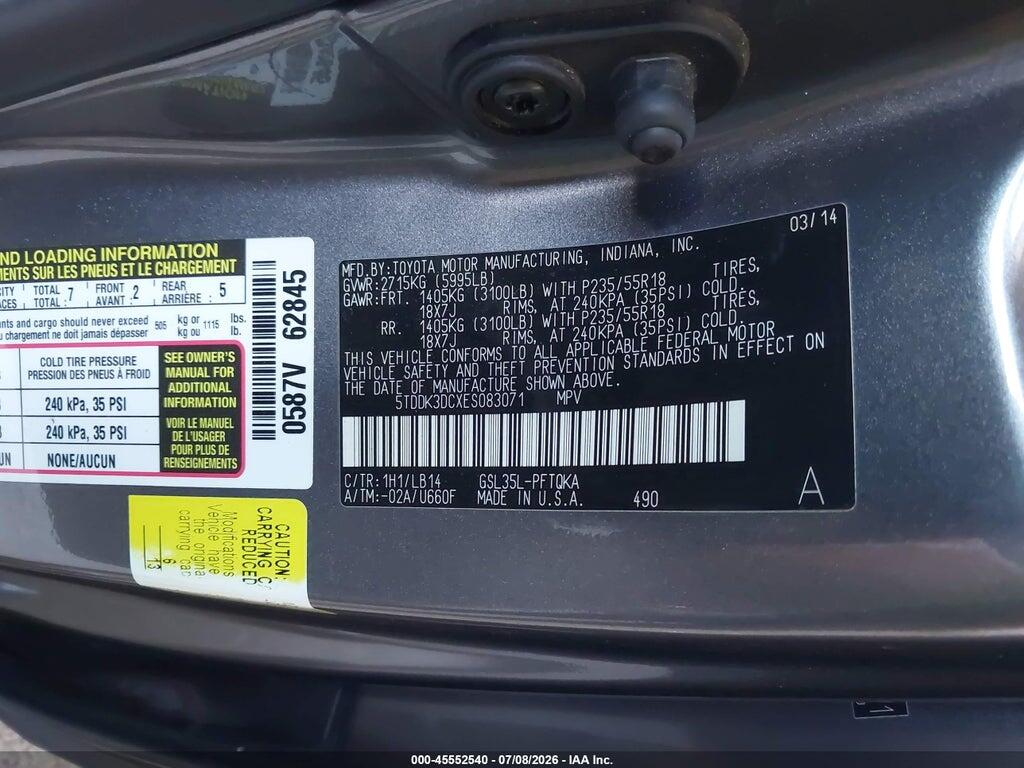 5TDDK3DCXES083071 2014 TOYOTA SIENNA photo no. 9