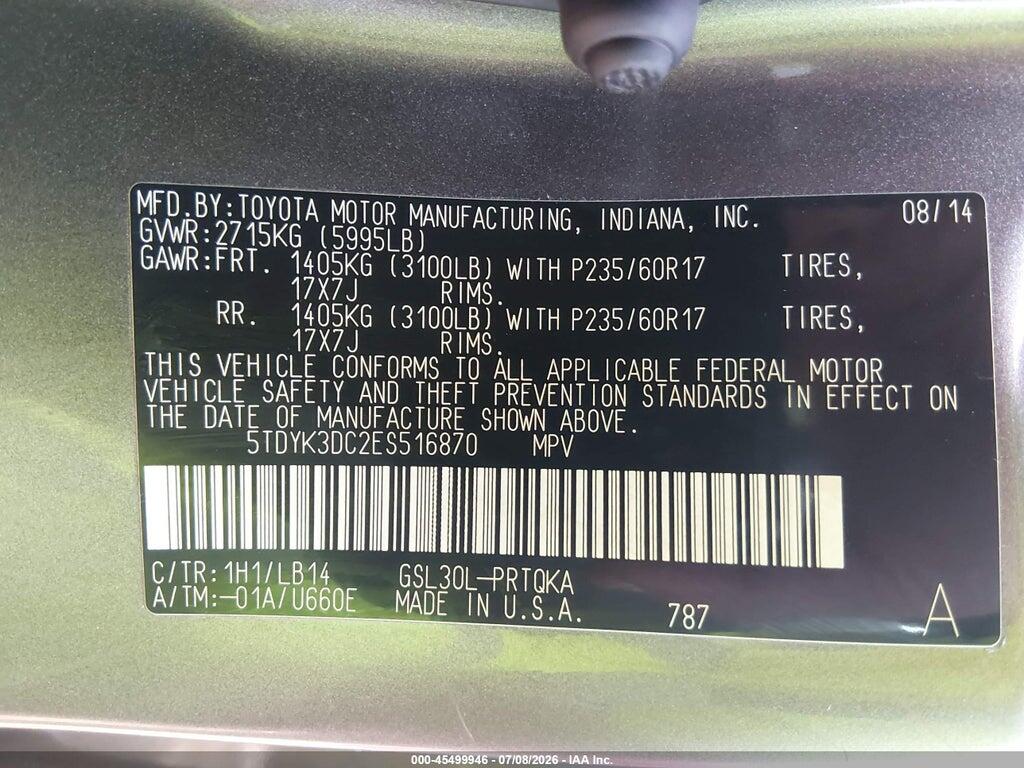 5TDYK3DC2ES516870 2014 TOYOTA SIENNA photo no. 9