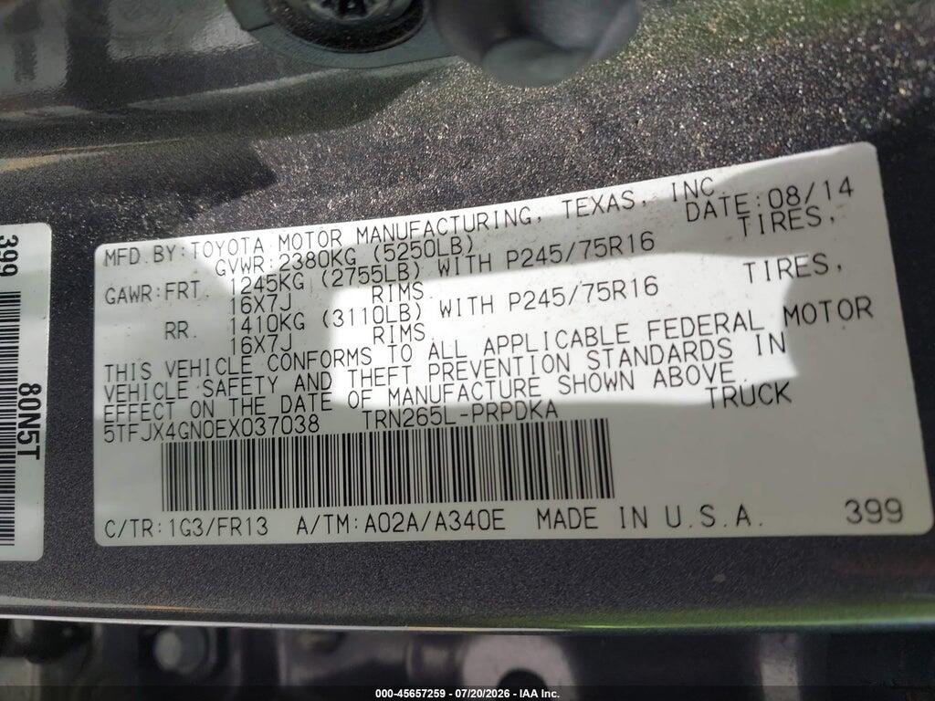 5TFJX4GN0EX037038 2014 TOYOTA TACOMA photo no. 9