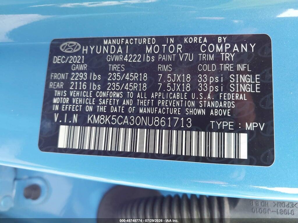 KM8K5CA30NU861713 2022 HYUNDAI KONA photo no. 9