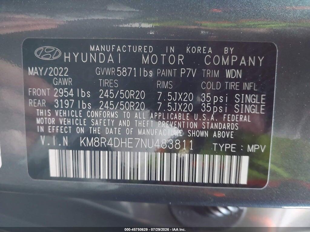 KM8R4DHE7NU483811 2022 HYUNDAI PALISADE photo no. 9