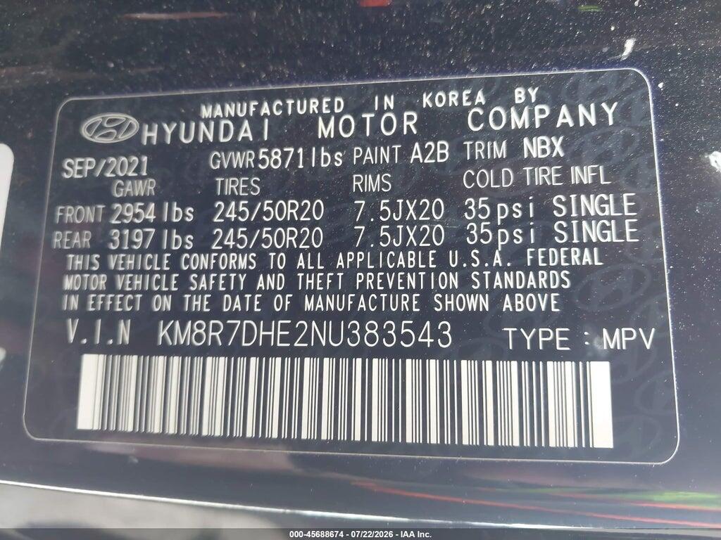 KM8R7DHE2NU383543 2022 HYUNDAI PALISADE photo no. 9