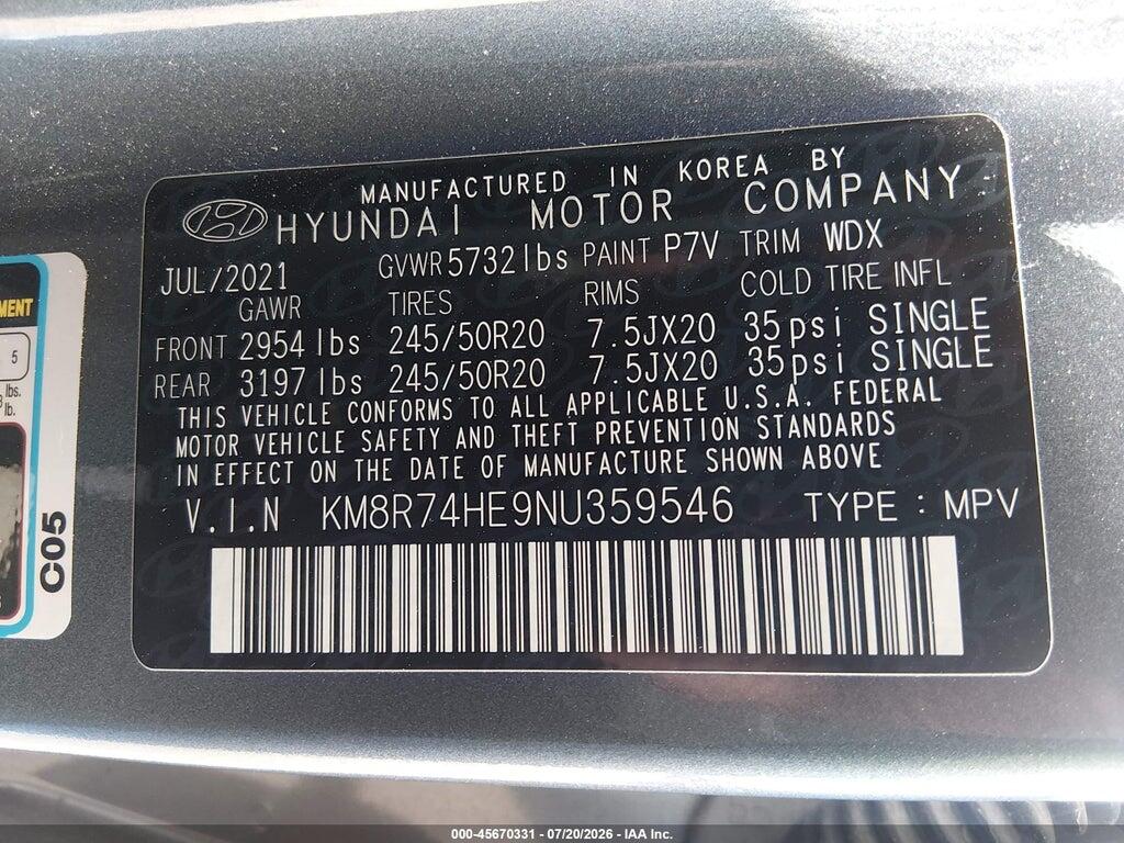 KM8R74HE9NU359546 2022 HYUNDAI PALISADE photo no. 9