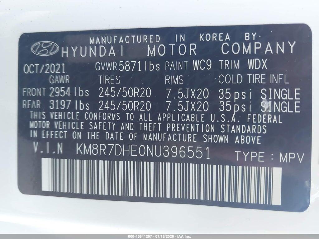 KM8R7DHE0NU396551 2022 HYUNDAI PALISADE photo no. 9