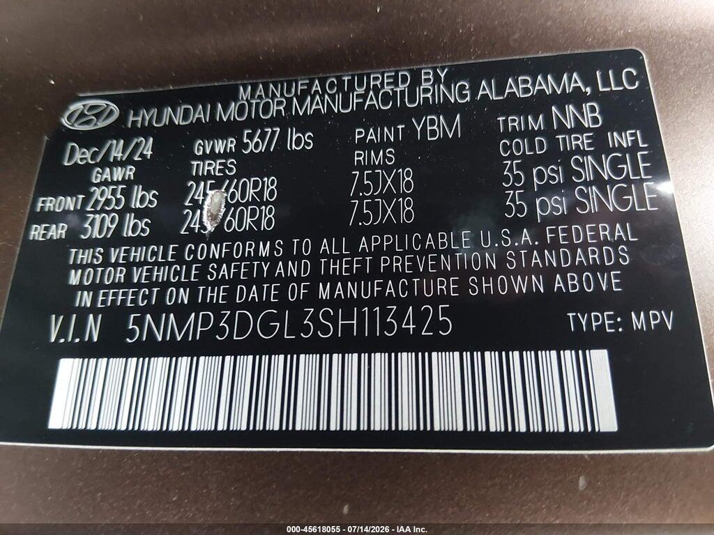 5NMP3DGL3SH113425 2025 HYUNDAI SANTA FE photo no. 9