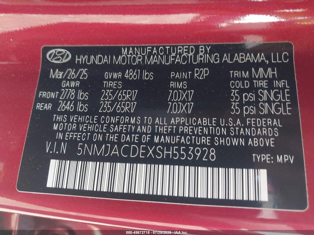 5NMJACDEXSH553928 2025 HYUNDAI TUCSON photo no. 9