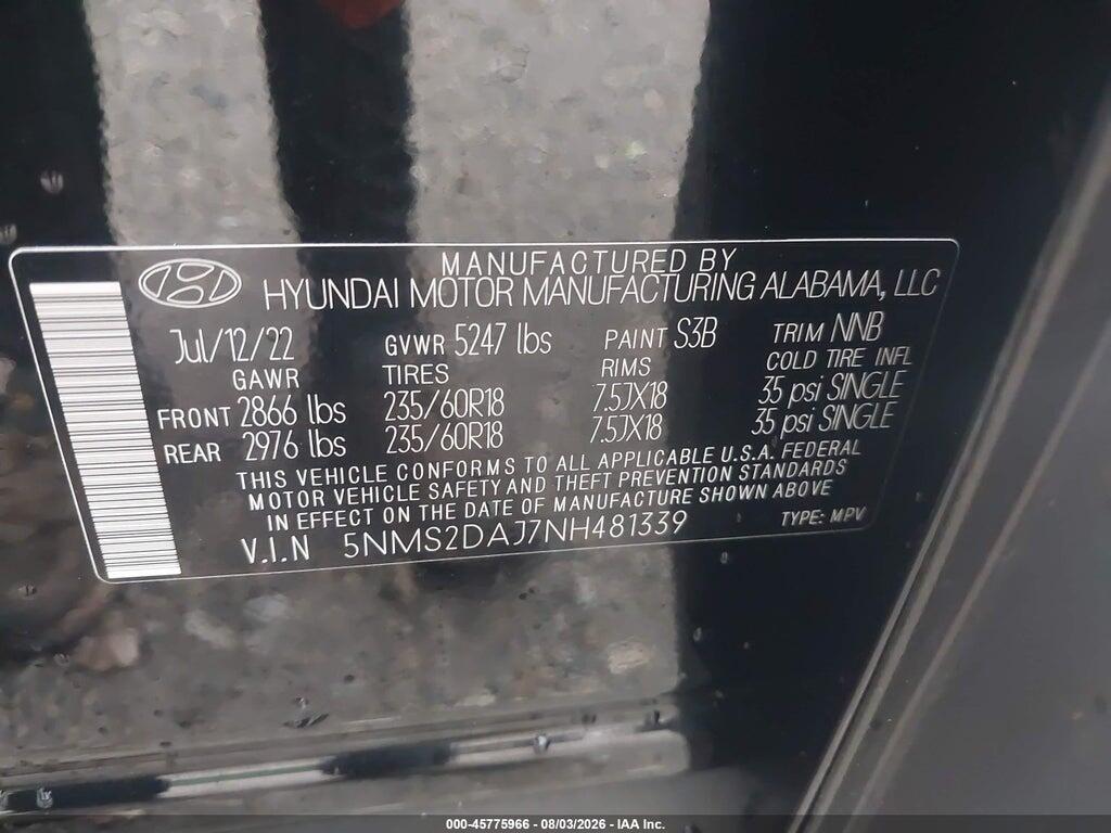 5NMS2DAJ7NH481339 2022 HYUNDAI SANTA FE photo no. 9