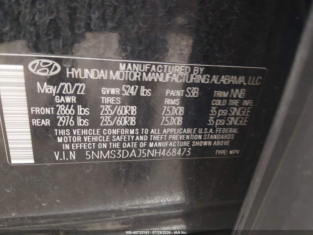 5NMS3DAJ5NH468473 2022 HYUNDAI SANTA FE photo no. 9