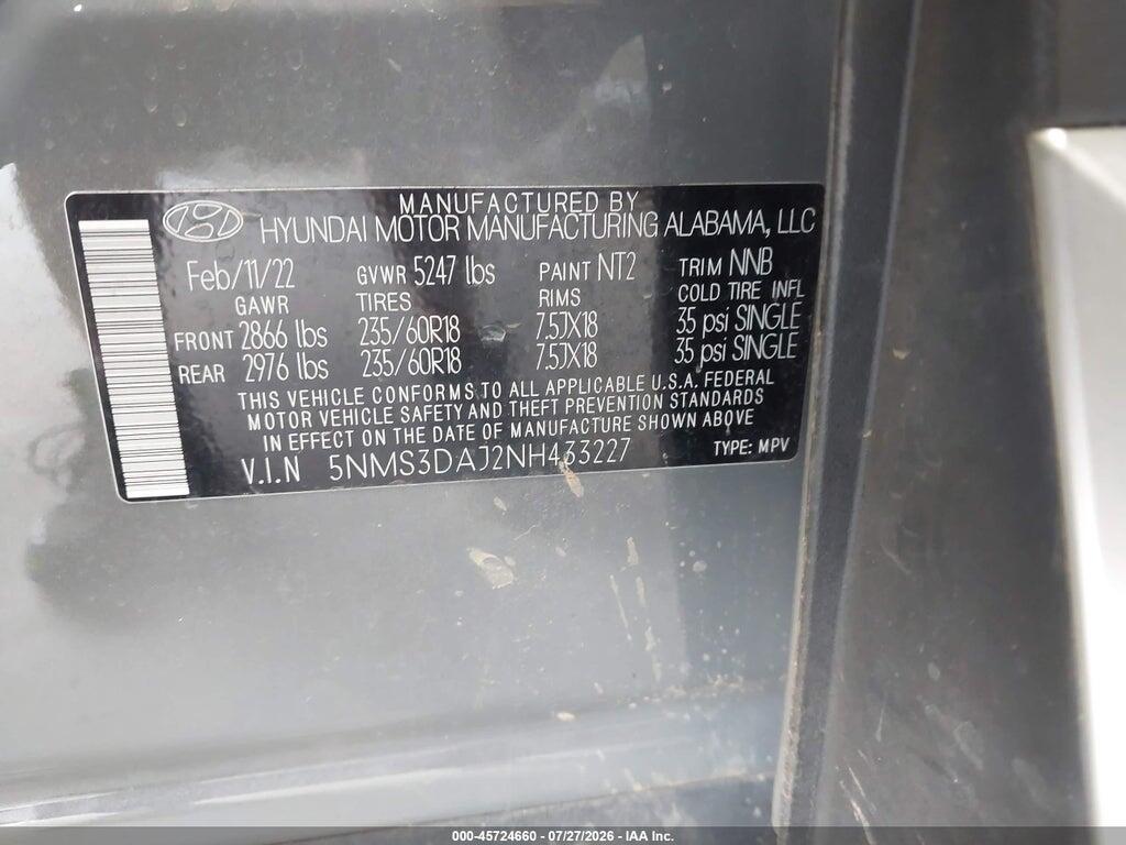 5NMS3DAJ2NH433227 2022 HYUNDAI SANTA FE photo no. 9