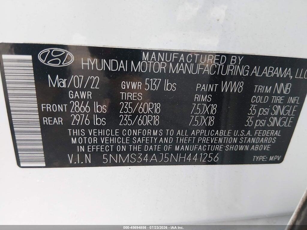 5NMS34AJ5NH441256 2022 HYUNDAI SANTA FE photo no. 9