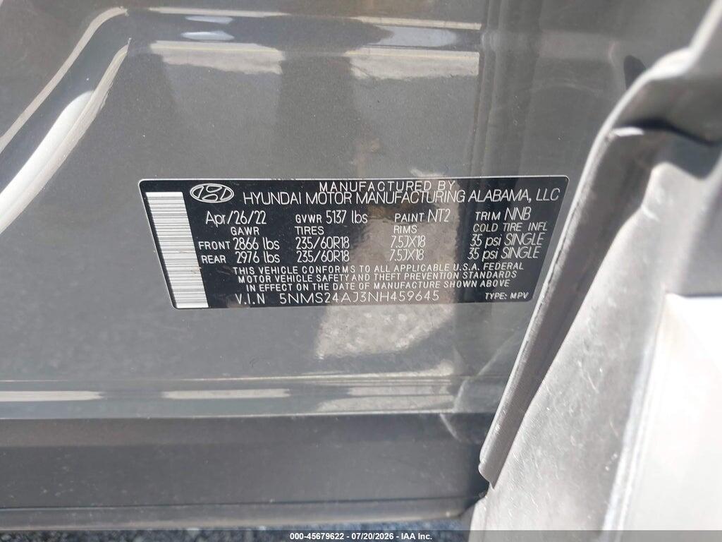 5NMS24AJ3NH459645 2022 HYUNDAI SANTA FE photo no. 9