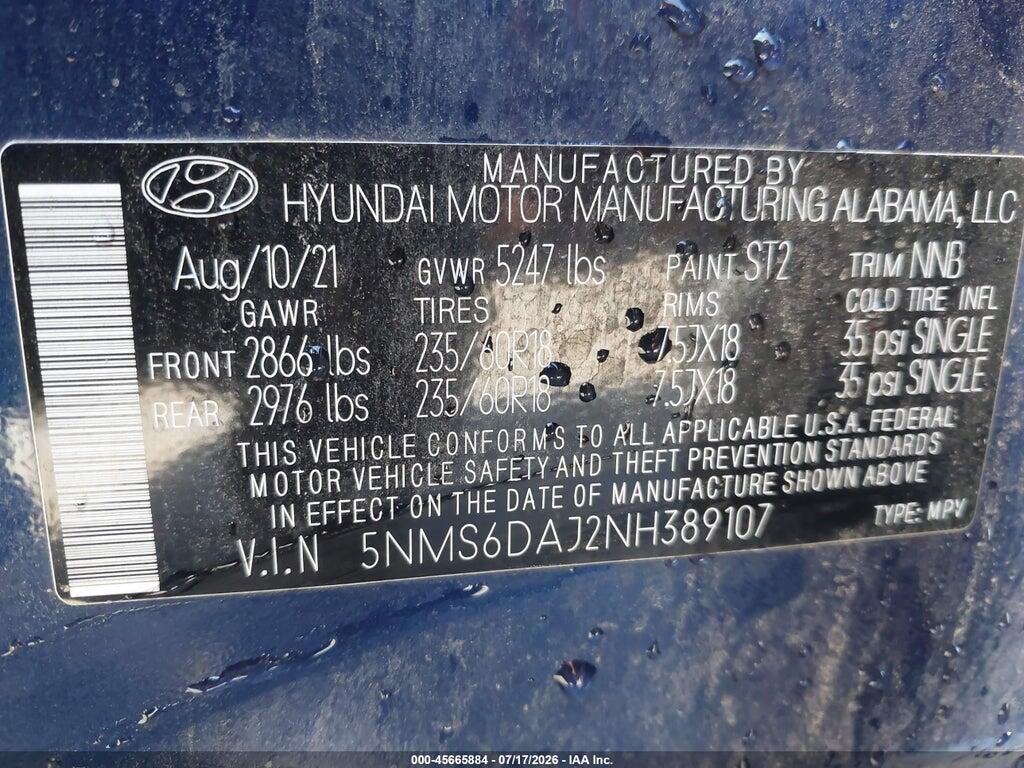 5NMS6DAJ2NH389107 2022 HYUNDAI SANTA FE photo no. 9