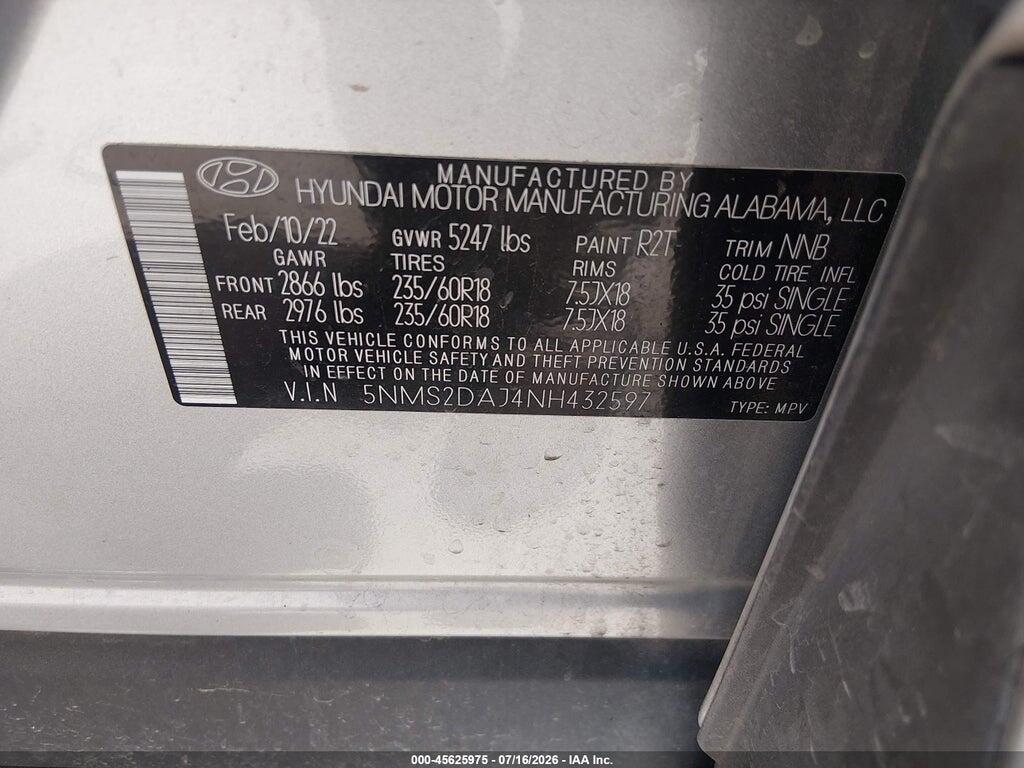 5NMS2DAJ4NH432597 2022 HYUNDAI SANTA FE photo no. 9