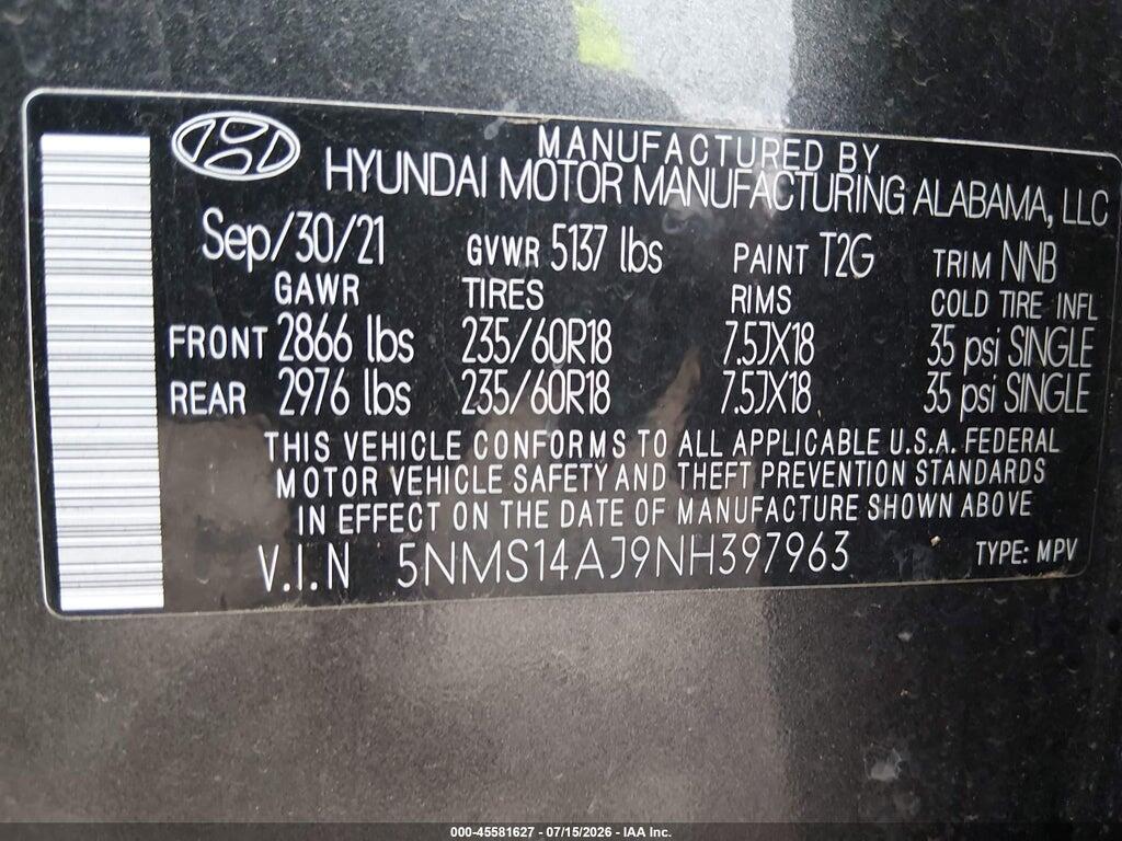 5NMS14AJ9NH397963 2022 HYUNDAI SANTA FE photo no. 9