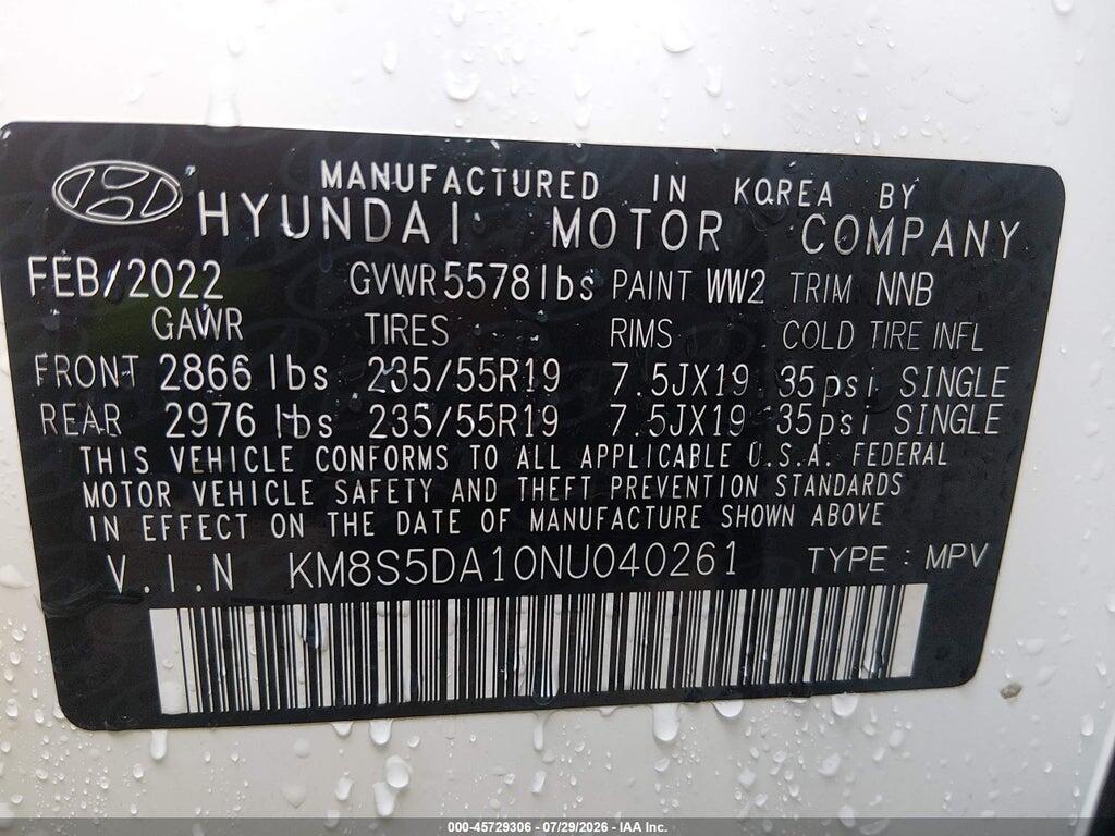 KM8S5DA10NU040261 2022 HYUNDAI SANTA FE HYBRID photo no. 9
