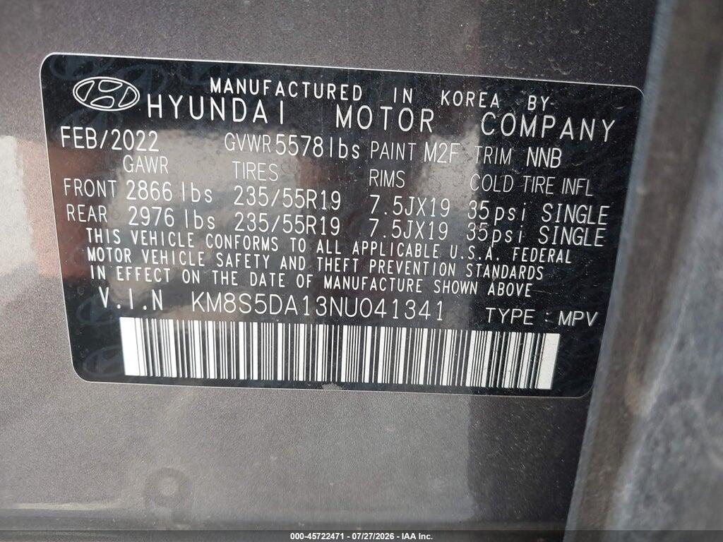 KM8S5DA13NU041341 2022 HYUNDAI SANTA FE HYBRID photo no. 9