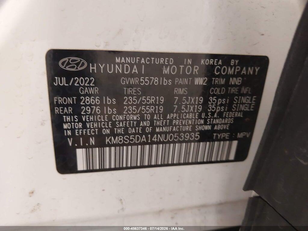 KM8S5DA14NU053935 2022 HYUNDAI SANTA FE HYBRID photo no. 9