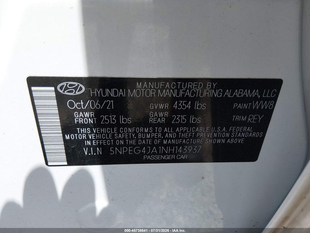 5NPEG4JA1NH143937 2022 HYUNDAI SONATA photo no. 9