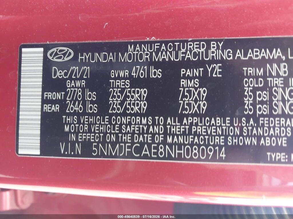 5NMJFCAE8NH080914 2022 HYUNDAI TUCSON photo no. 9
