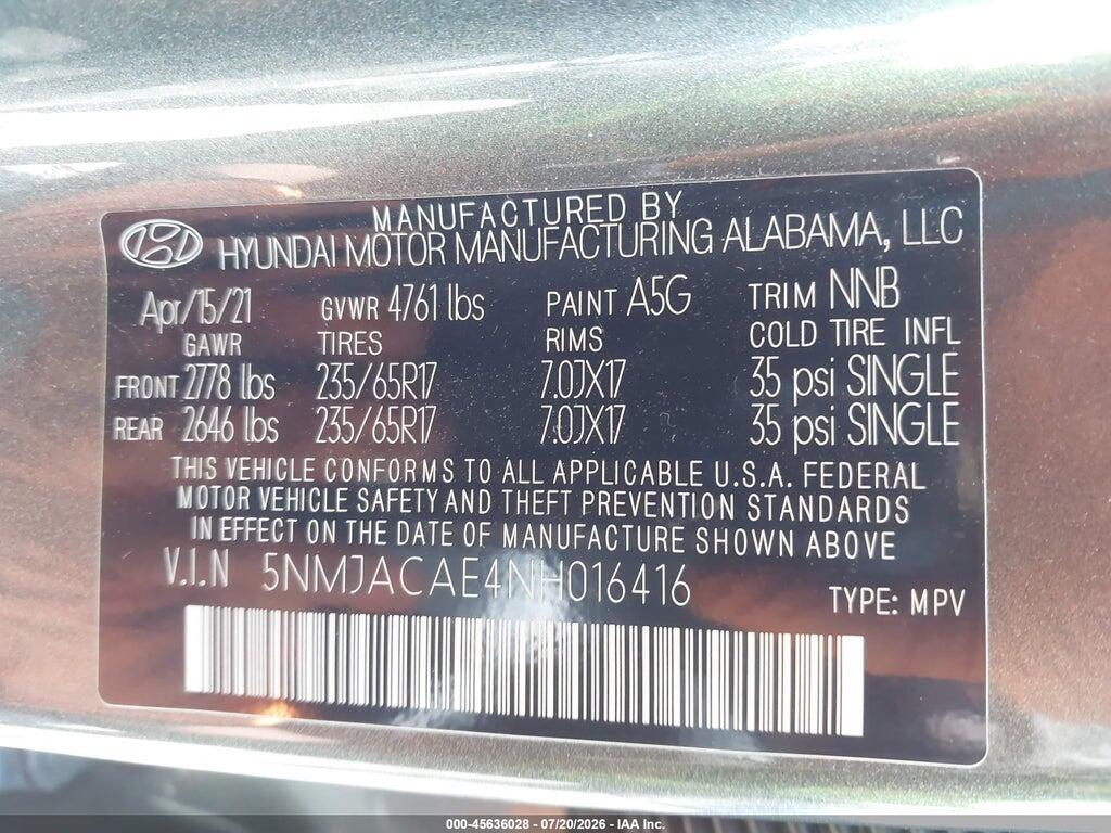 5NMJACAE4NH016416 2022 HYUNDAI TUCSON photo no. 9