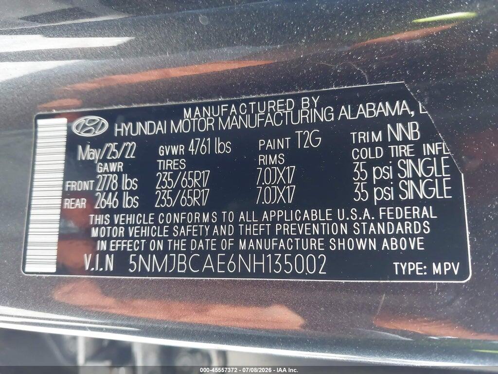 5NMJBCAE6NH135002 2022 HYUNDAI TUCSON photo no. 9