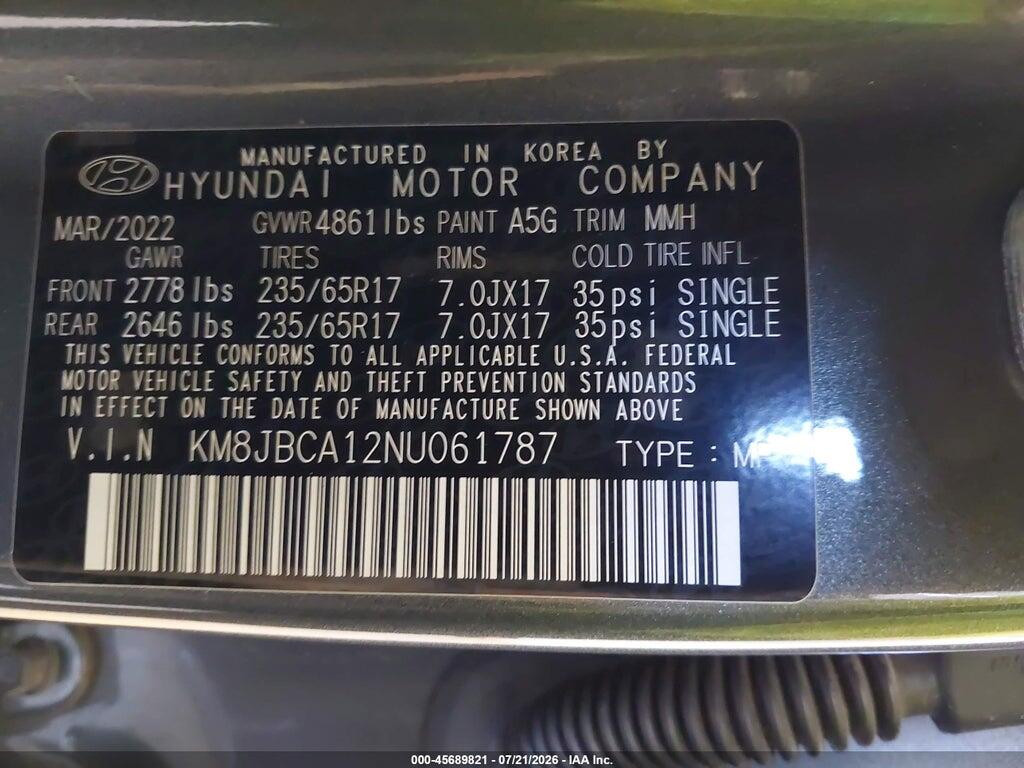 KM8JBCA12NU061787 2022 HYUNDAI TUCSON HYBRID photo no. 9