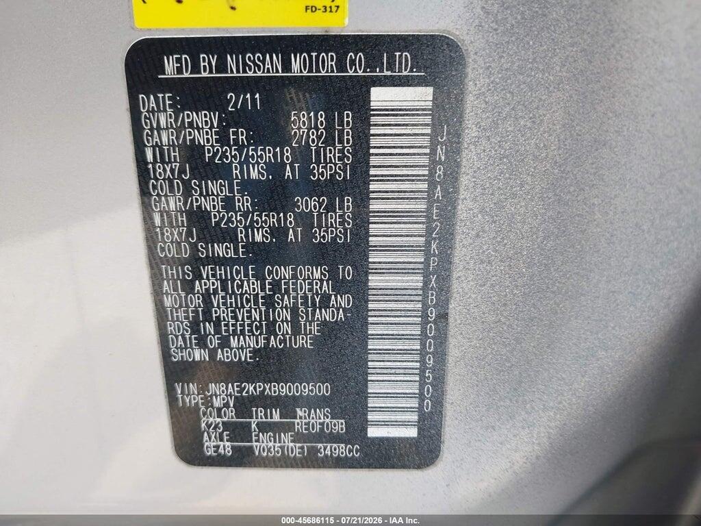 JN8AE2KPXB9009500 2011 NISSAN QUEST photo no. 9