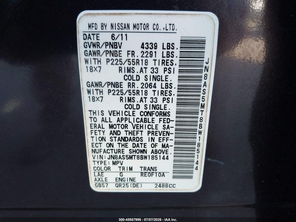 JN8AS5MT8BW185144 2011 NISSAN ROGUE photo no. 9