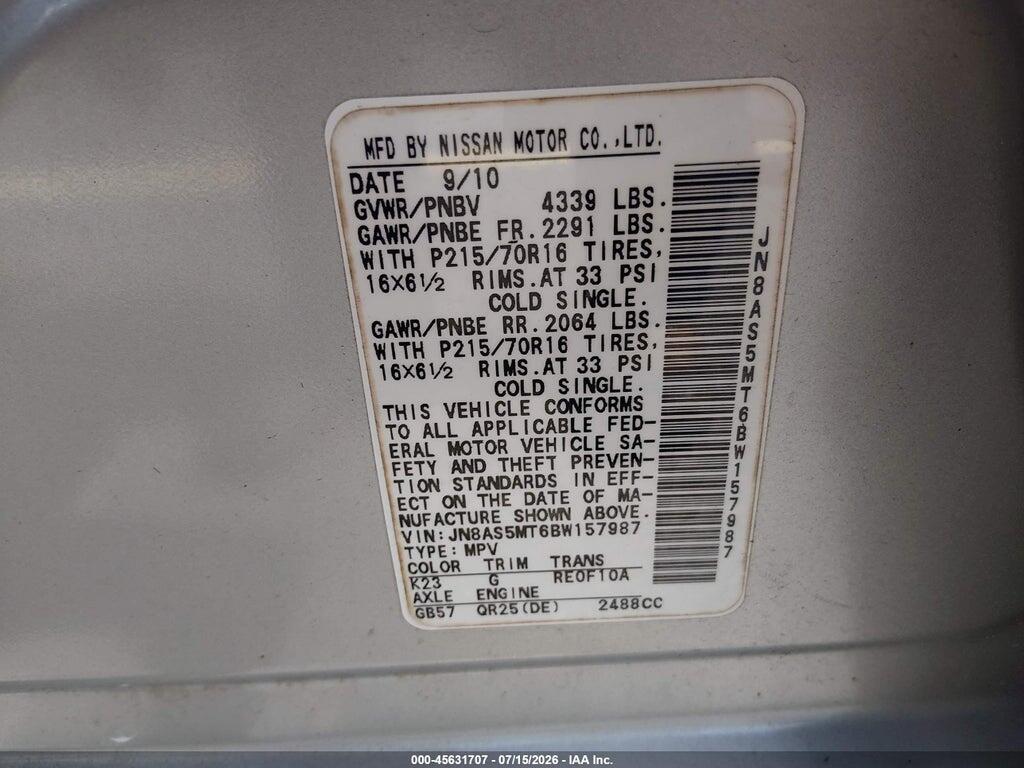 JN8AS5MT6BW157987 2011 NISSAN ROGUE photo no. 9