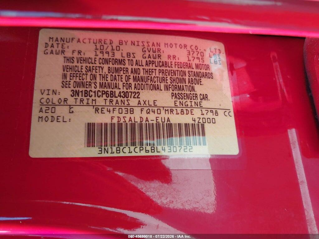 3N1BC1CP6BL430722 2011 NISSAN VERSA photo no. 9
