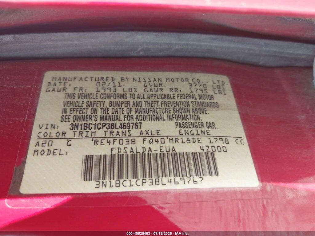 3N1BC1CP3BL469767 2011 NISSAN VERSA photo no. 9