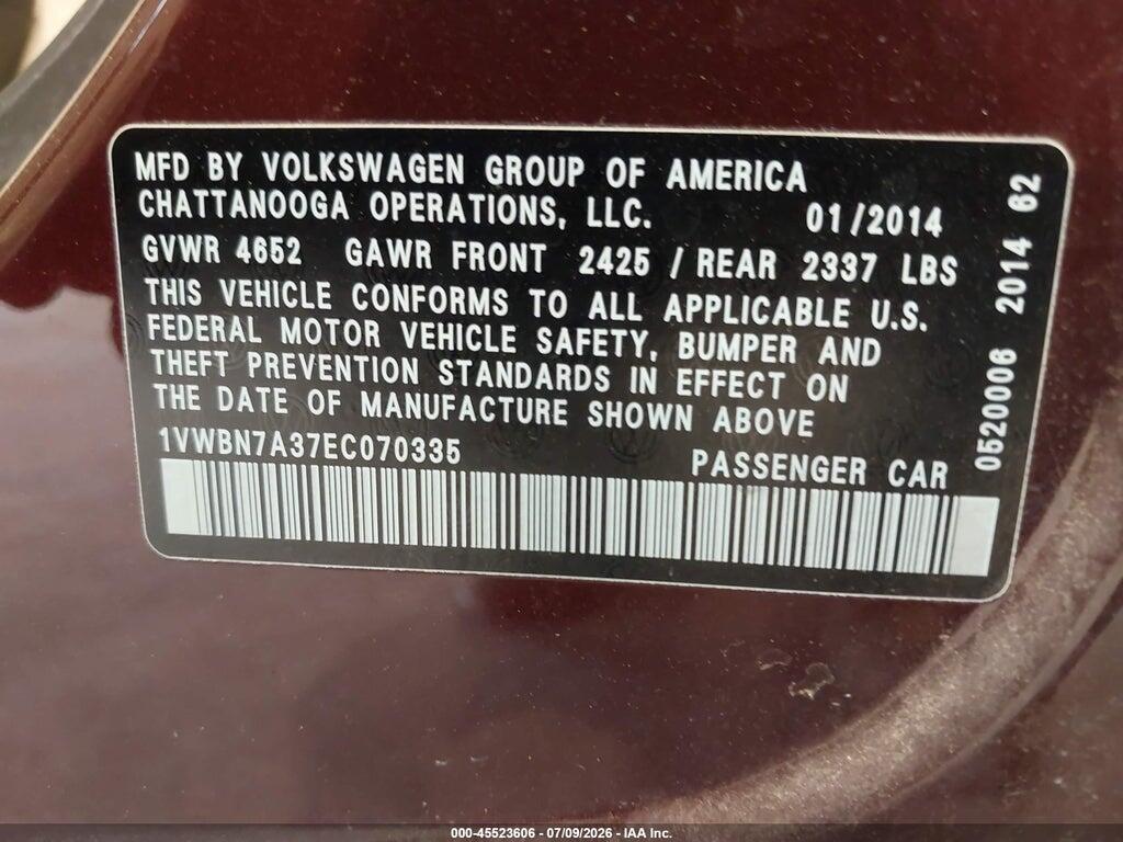 1VWBN7A37EC070335 2014 VOLKSWAGEN PASSAT photo no. 9