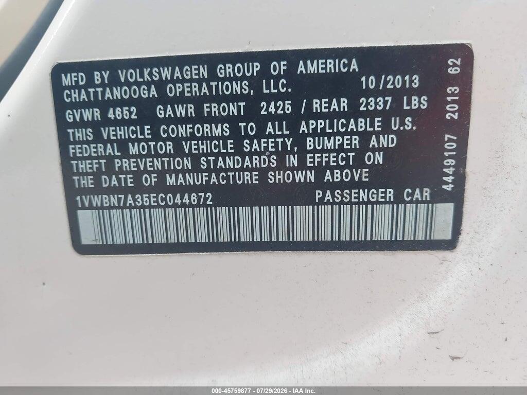1VWBN7A35EC044672 2014 VOLKSWAGEN PASSAT photo no. 9