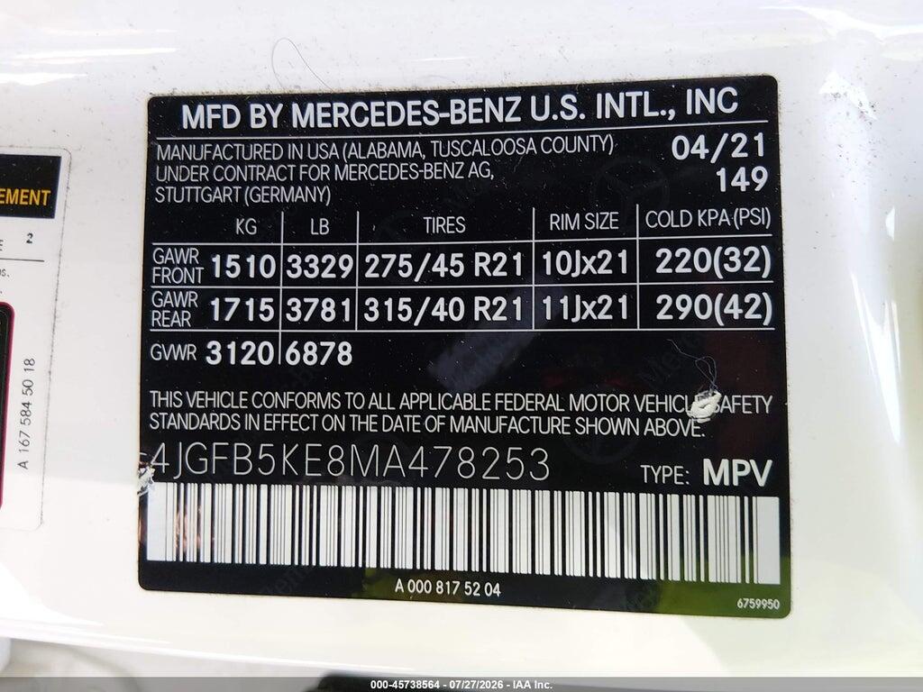 4JGFB5KE8MA478253 2021 MERCEDES-BENZ GLE 450 photo no. 9