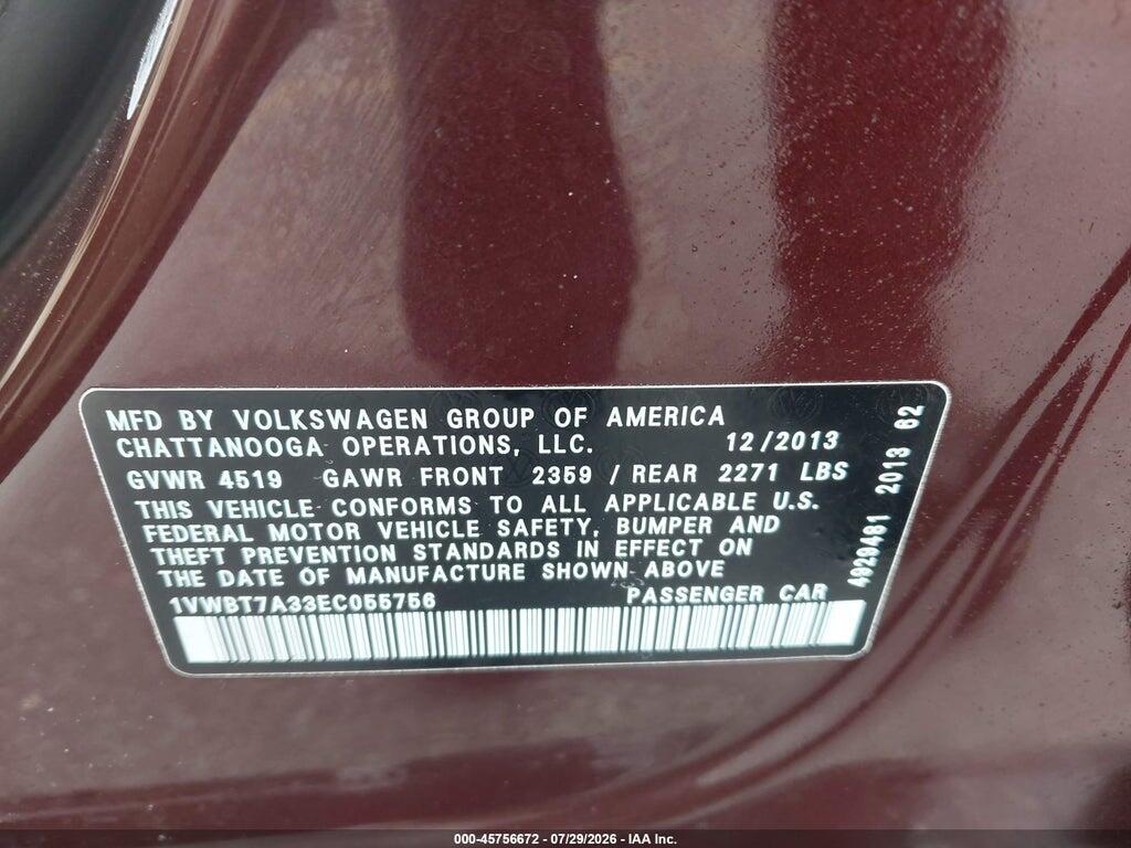 1VWBT7A33EC055756 2014 VOLKSWAGEN PASSAT photo no. 9