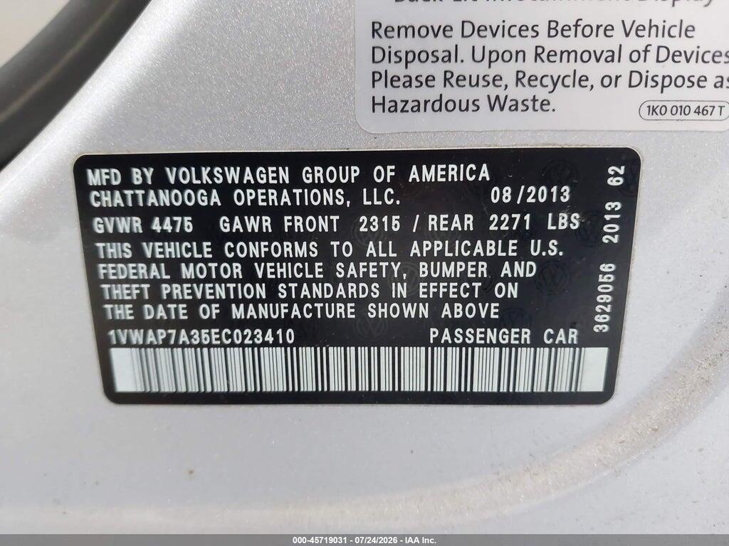 1VWAP7A35EC023410 2014 VOLKSWAGEN PASSAT photo no. 9