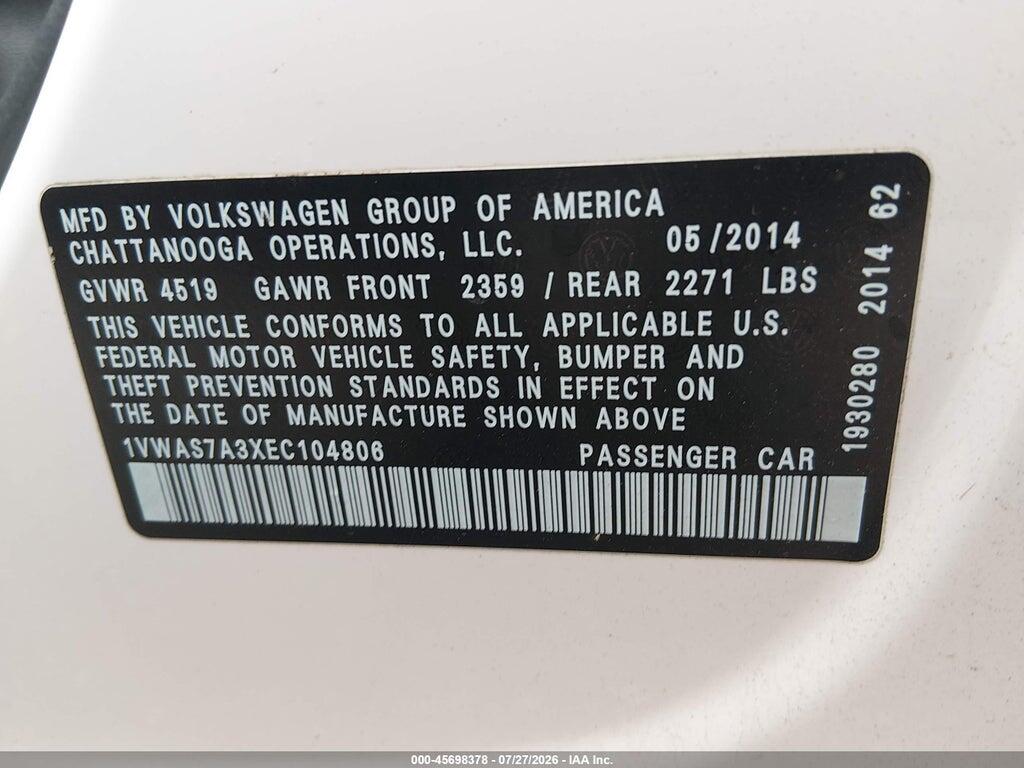 1VWAS7A3XEC104806 2014 VOLKSWAGEN PASSAT photo no. 9