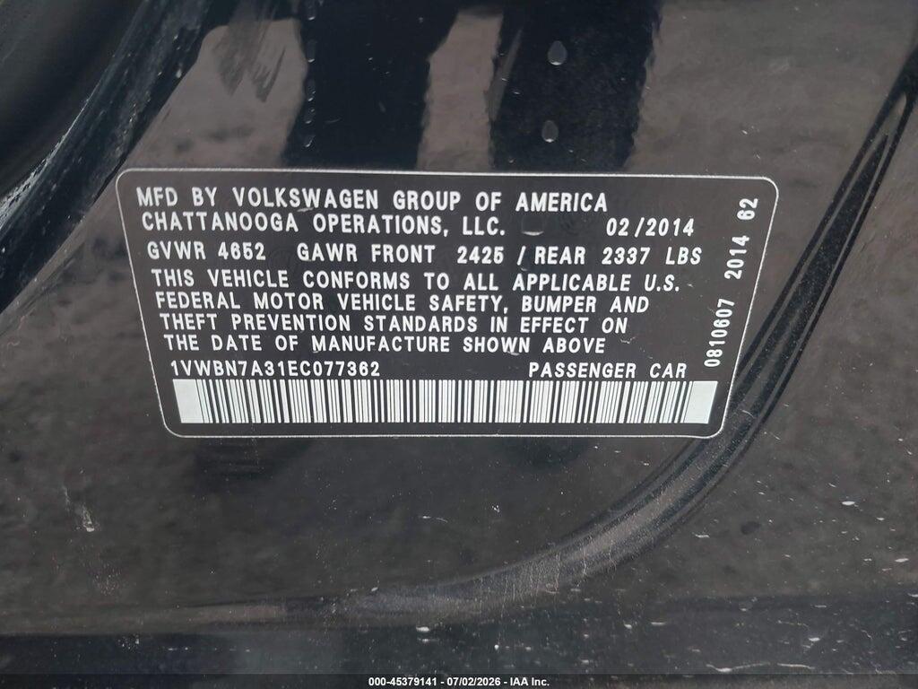 1VWBN7A31EC077362 2014 VOLKSWAGEN PASSAT photo no. 9