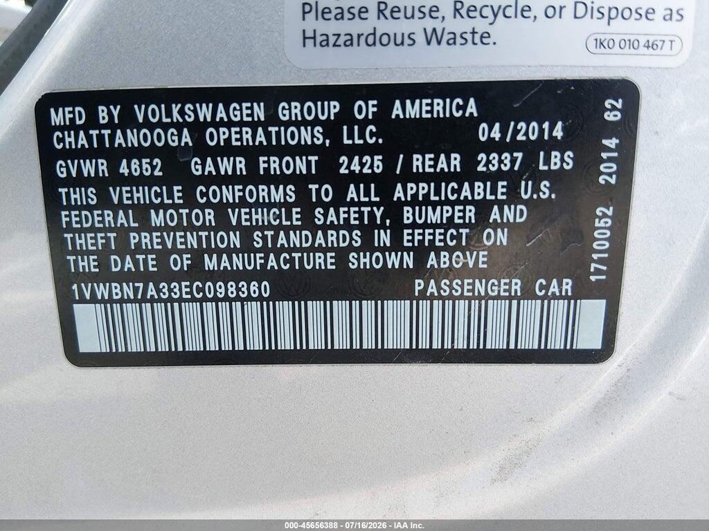 1VWBN7A33EC098360 2014 VOLKSWAGEN PASSAT photo no. 9